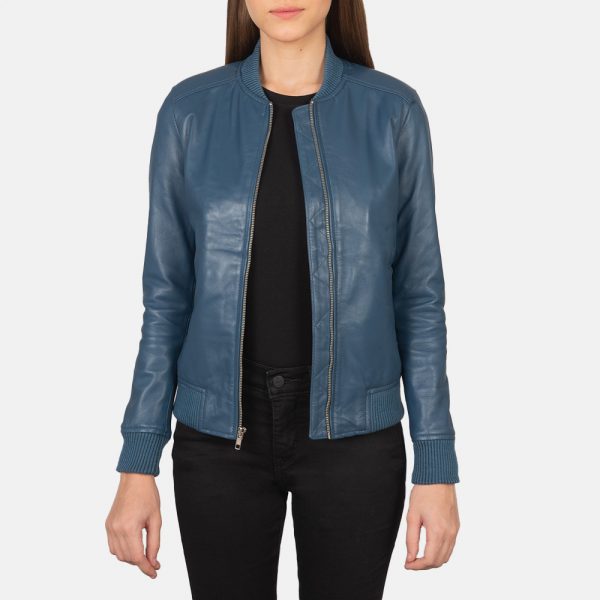 Bliss Blue Leather Bomber Jacket-2