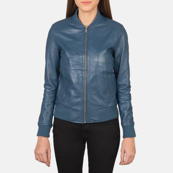 Bliss Blue Leather Bomber Jacket-3