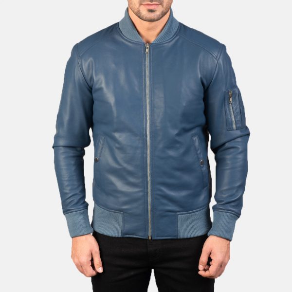 Bomia Ma-1 Blue Leather Bomber Jacket-3