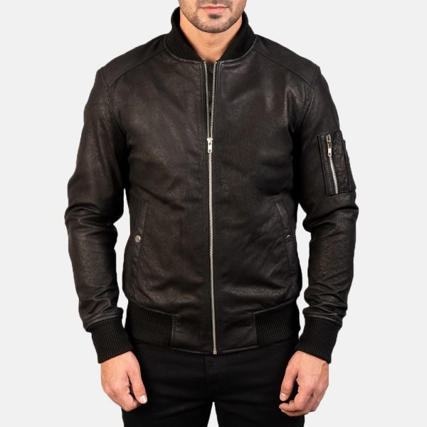 Bomia Ma-1 Distressed Black Leather Bomber Jacket-2
