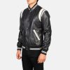 Dantee Black Sheepskin Leather Varsity Jacket with Rib Knit Cuffs