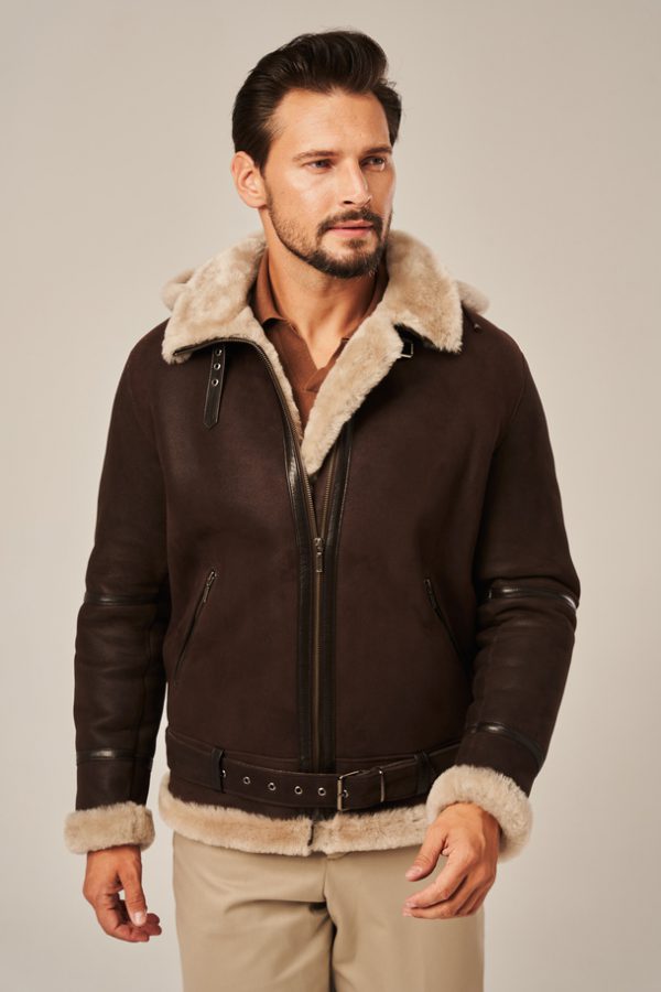Men’s winter leather jacket with a hood, brown-2
