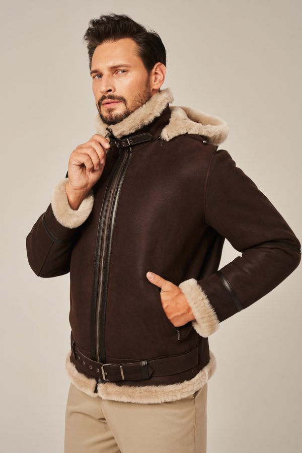 Men’s winter leather jacket with a hood, brown-3