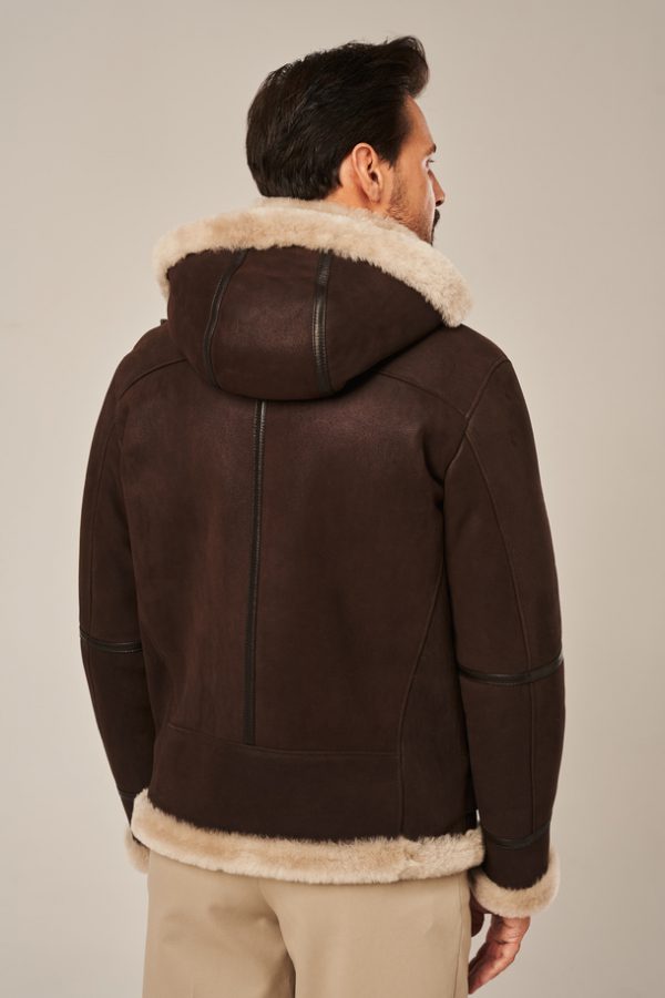 Men’s winter leather jacket with a hood, brown-4