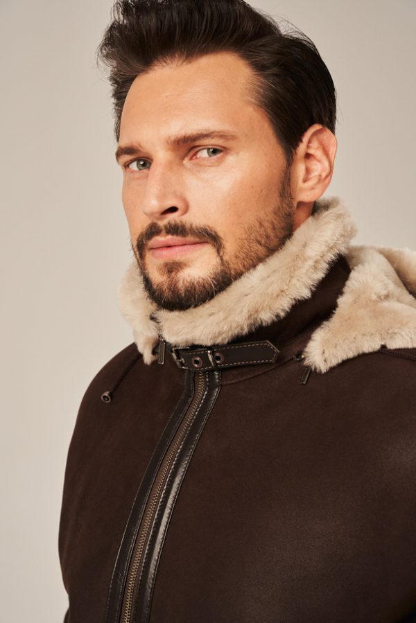 Men’s winter leather jacket with a hood, brown-5