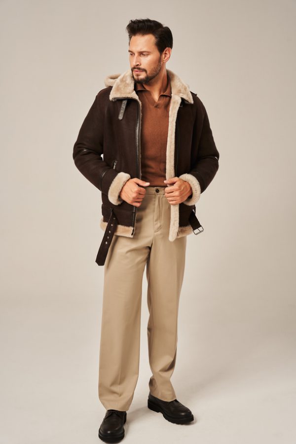 Men’s winter leather jacket with a hood, brown-6