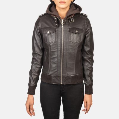 Roslyn Dark Brown Hooded Leather Bomber Jacket