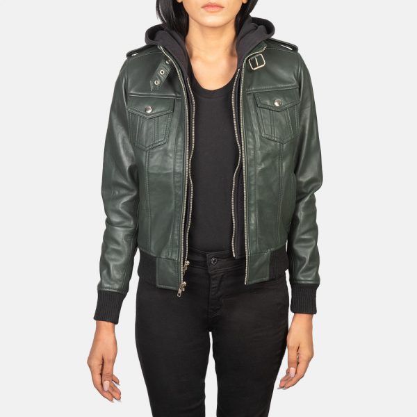 Roslyn Green Hooded Leather Bomber Jacket-2
