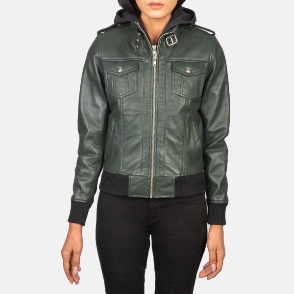 Roslyn Green Hooded Leather Bomber Jacket-3