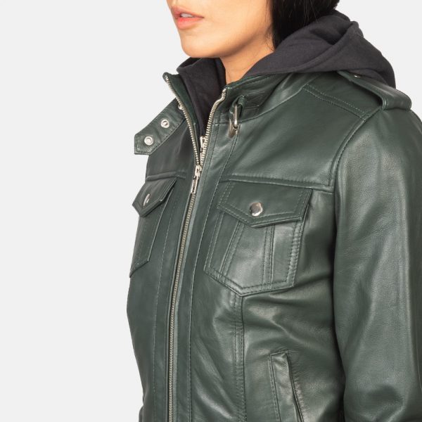 Roslyn Green Hooded Leather Bomber Jacket-4