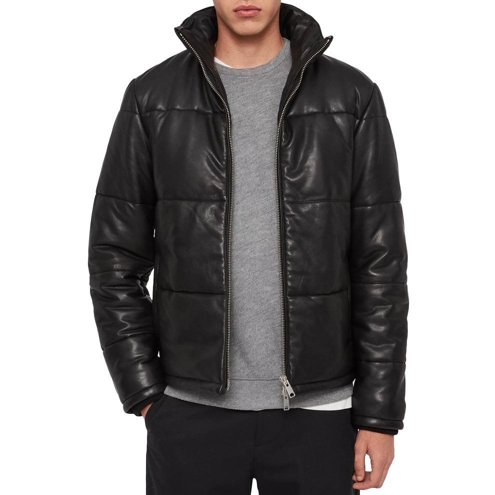 Black Puffer Leather Jacket for Men -WideCrafts