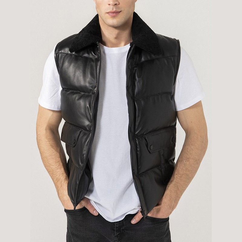 Mens Black Leather Puffer Vest WideCrafts