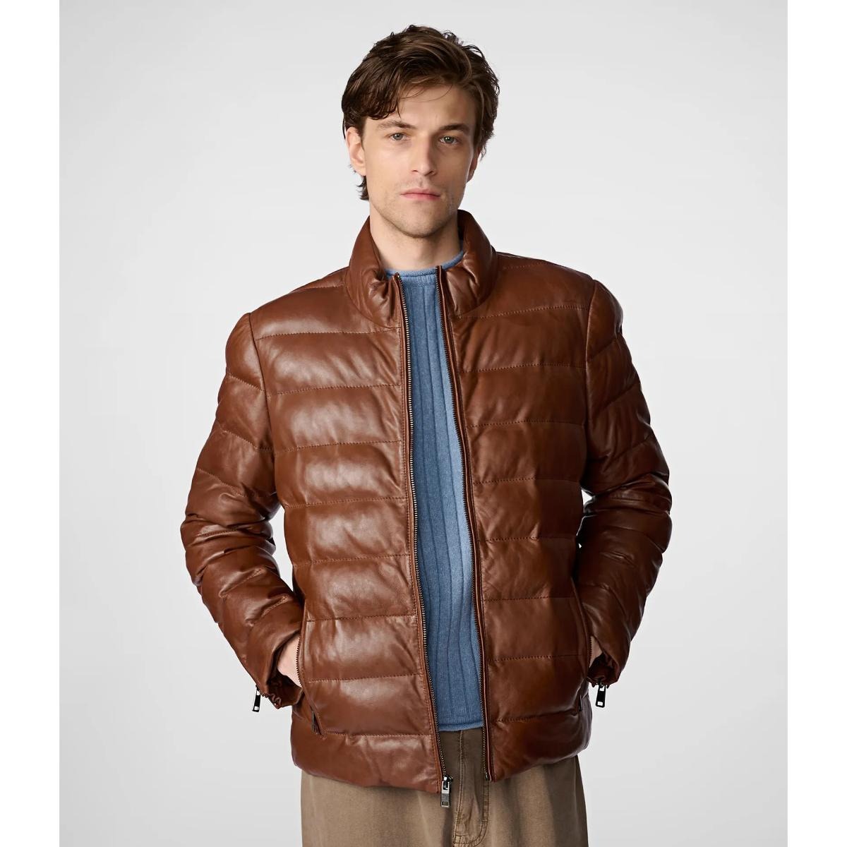 WideCrafts Men’s Distressed Leather Puffer Jacket In Brown