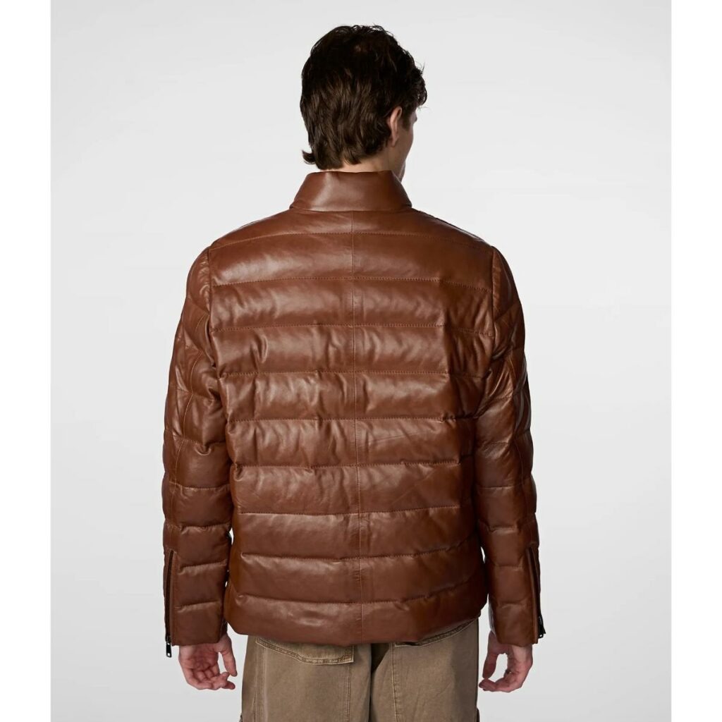 WideCrafts Men’s Distressed Leather Puffer Jacket In Brown