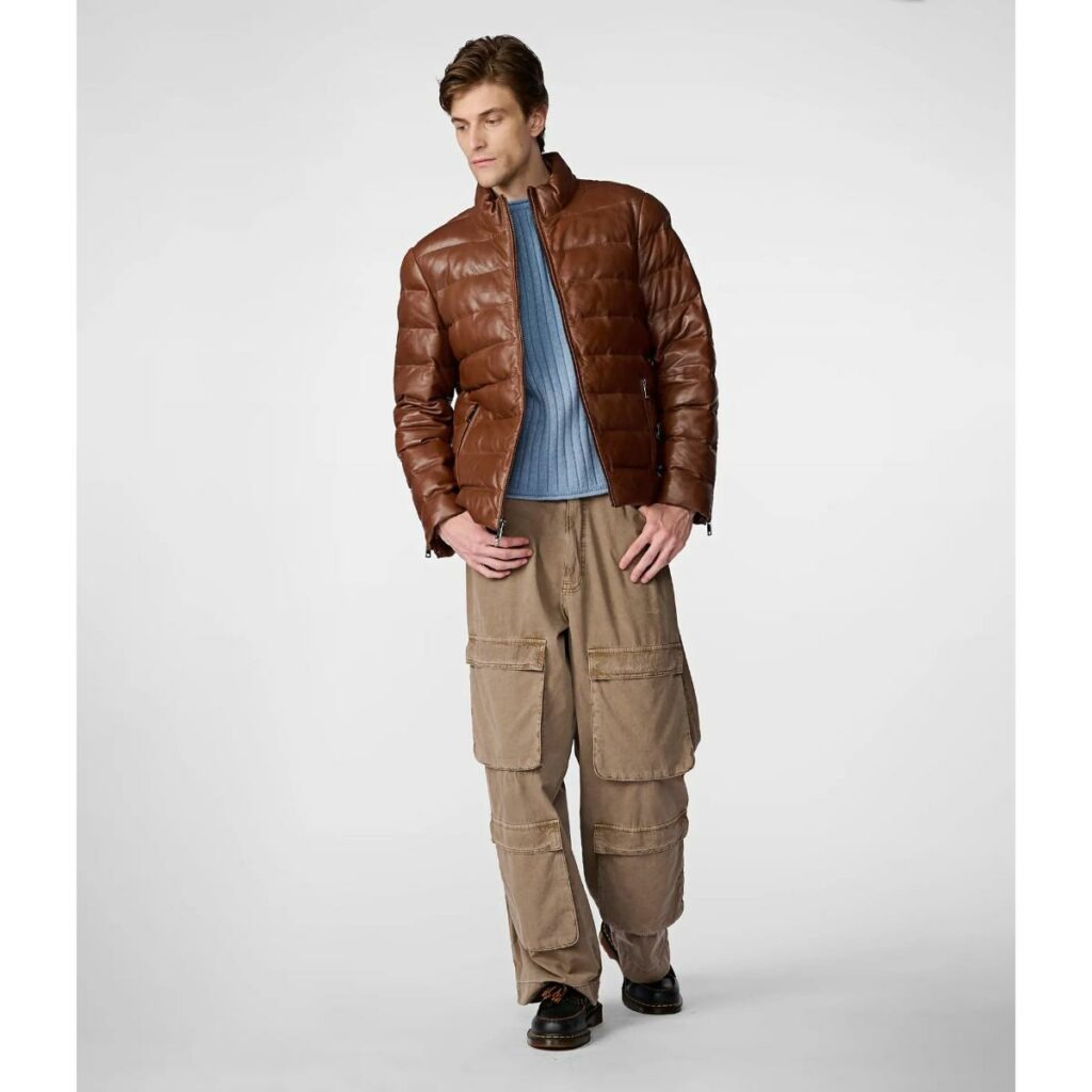 WideCrafts Men’s Distressed Leather Puffer Jacket In Brown