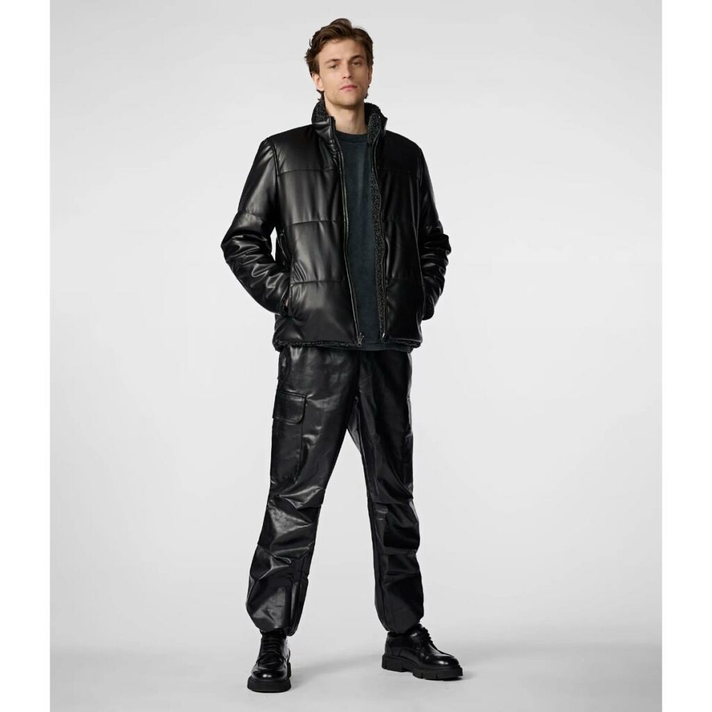 WideCrafts Men’s Black Leather Sherpa Puffer Jacket
