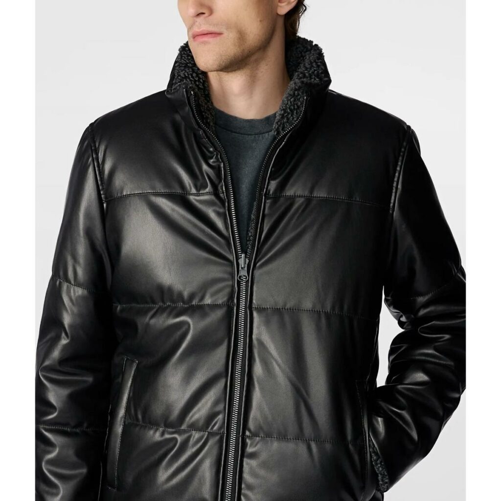 WideCrafts Men’s Black Leather Sherpa Puffer Jacket
