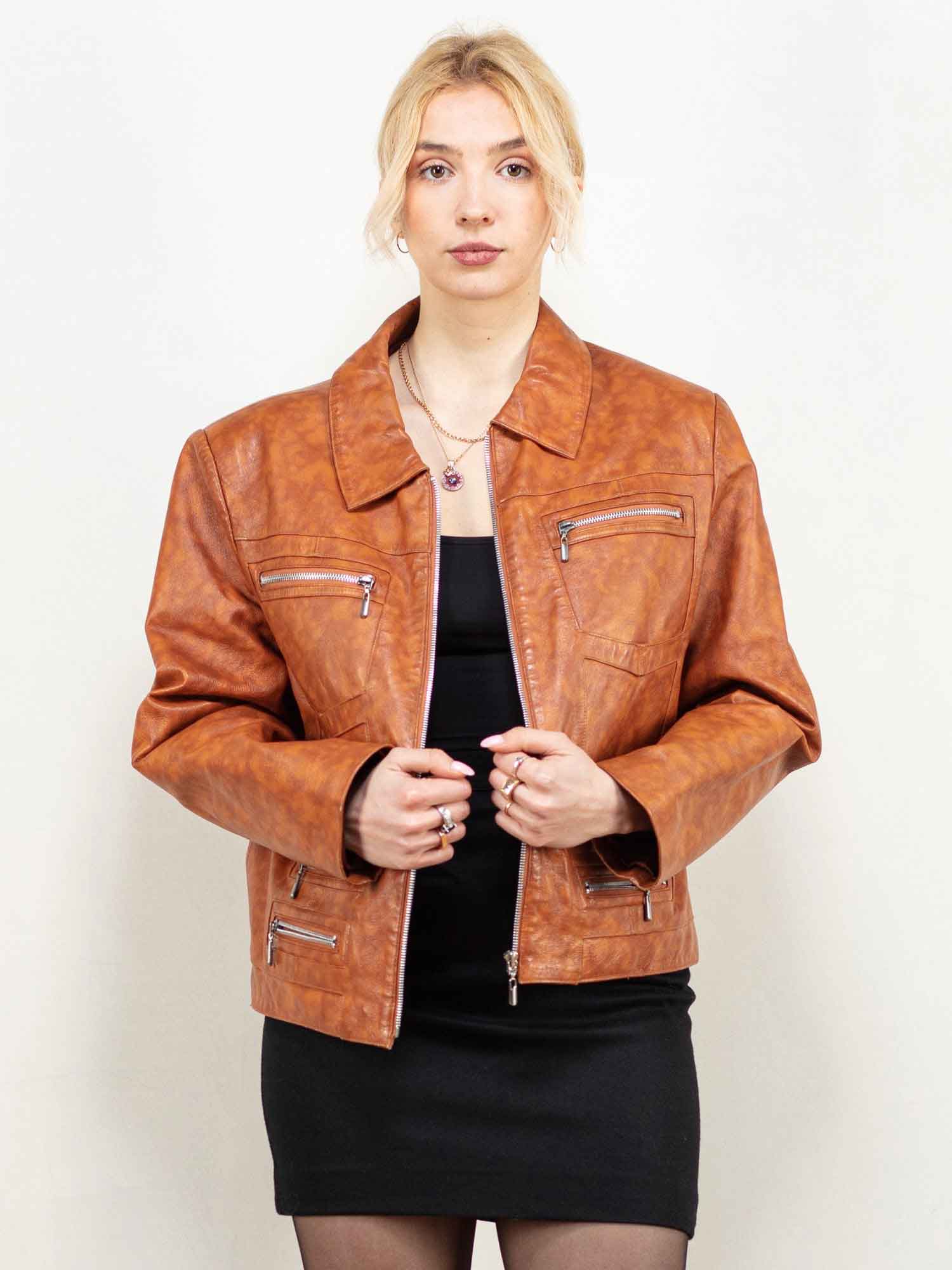 WideCrafts Vintage-80's Women Leather Bomber Jacket in Brown