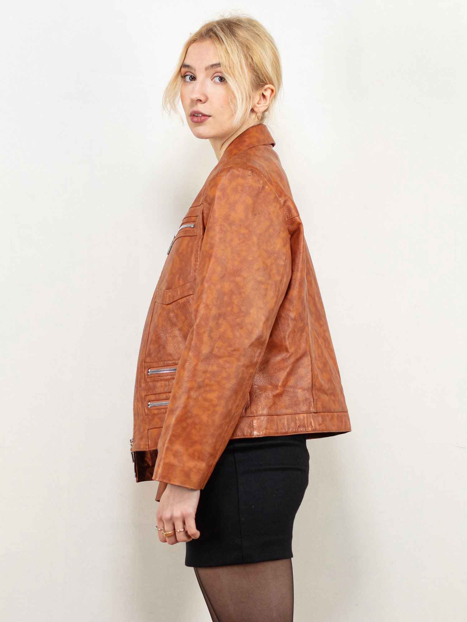 WideCrafts Vintage-80's Women Leather Bomber Jacket in Brown