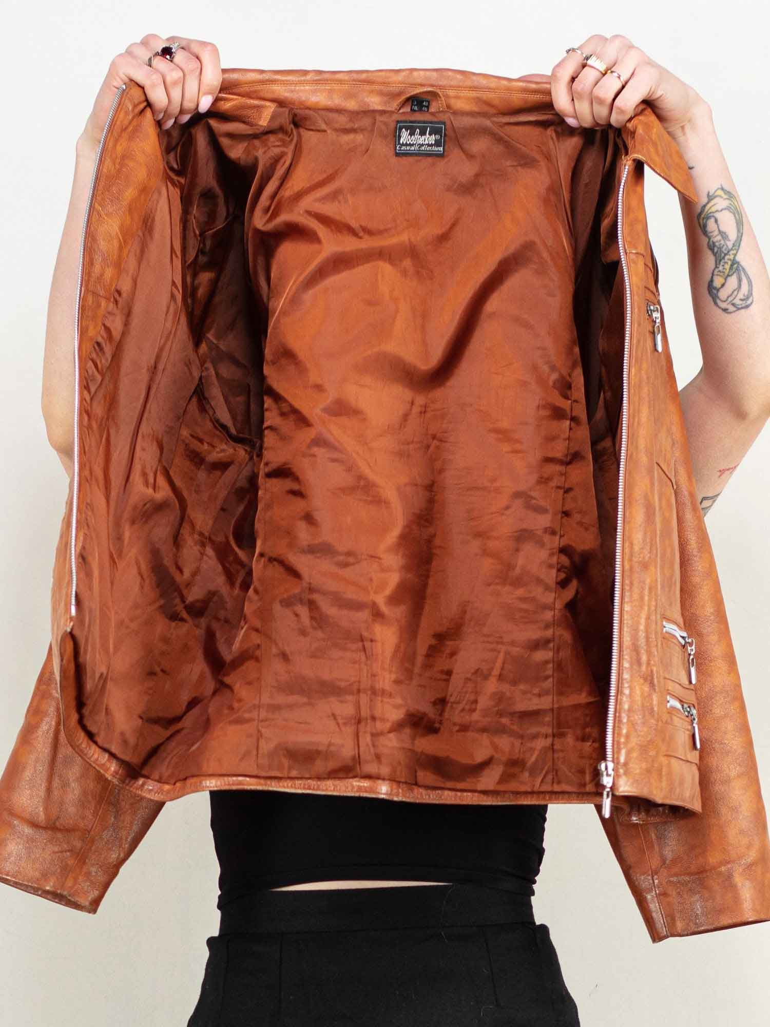 WideCrafts Vintage-80's Women Leather Bomber Jacket in Brown